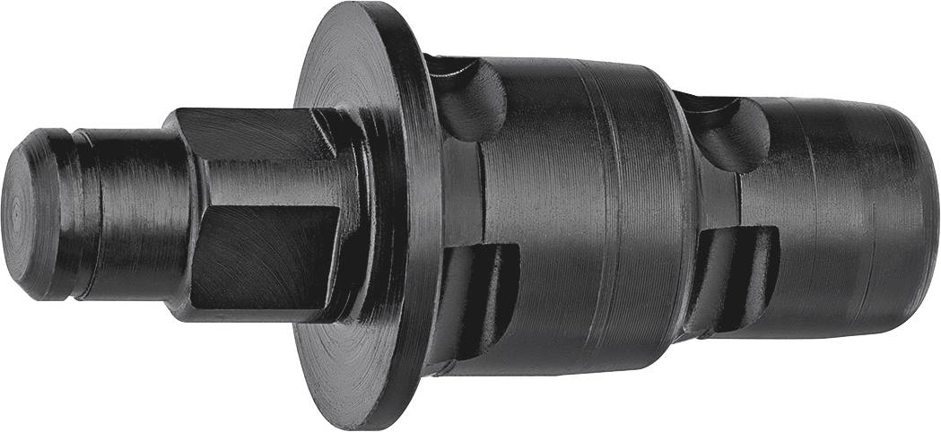 Et sort metalværktøj med cylindrisk form og slidset detaljer, muligvis til industrielle anvendelser.