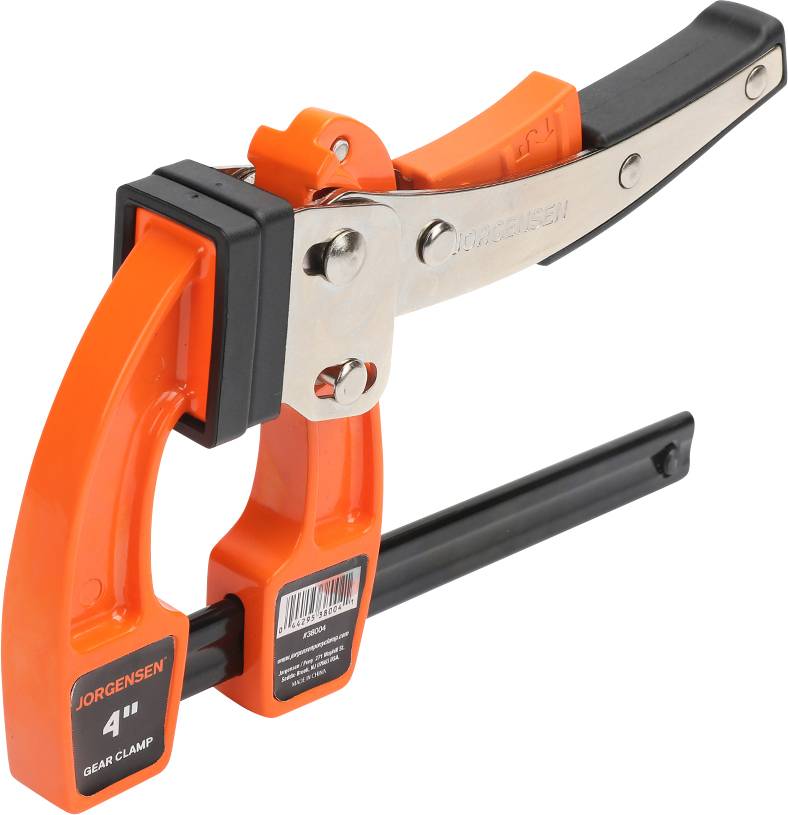 En orange tandhjulsklemme fra Jorgensen med sort greb. Den er designet til at fastholde arbejdsemner.