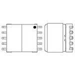 Diagram af en elektronisk komponent med to visninger: Forfra viser syv tilslutninger på hver side; Set fra siden viser en rund form.