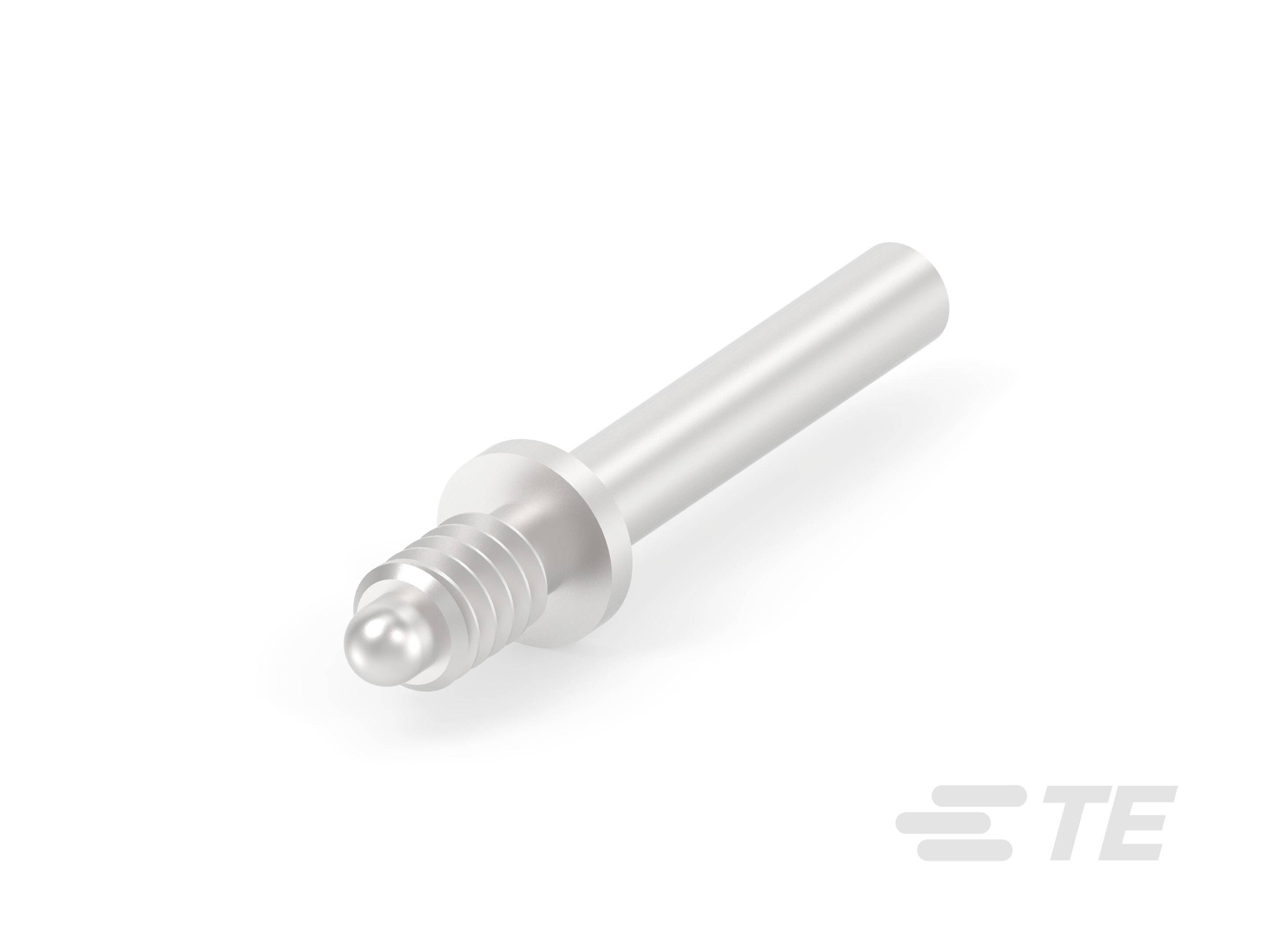 En sølvfarvet metalkontrakt-stift med et skruebart endestykke, anvendt i elektroniske applikationer. Logo 'TE' i nederste højre hjørne af billedet.