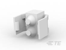 En hvid LEGO-klods med to knopper og åbnende sideflader, vist foran en neutral baggrund.