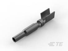 Et sort metallobjekt med cylindrisk form og rektangulære vinger ved den ene ende, muligvis en teknisk komponent.