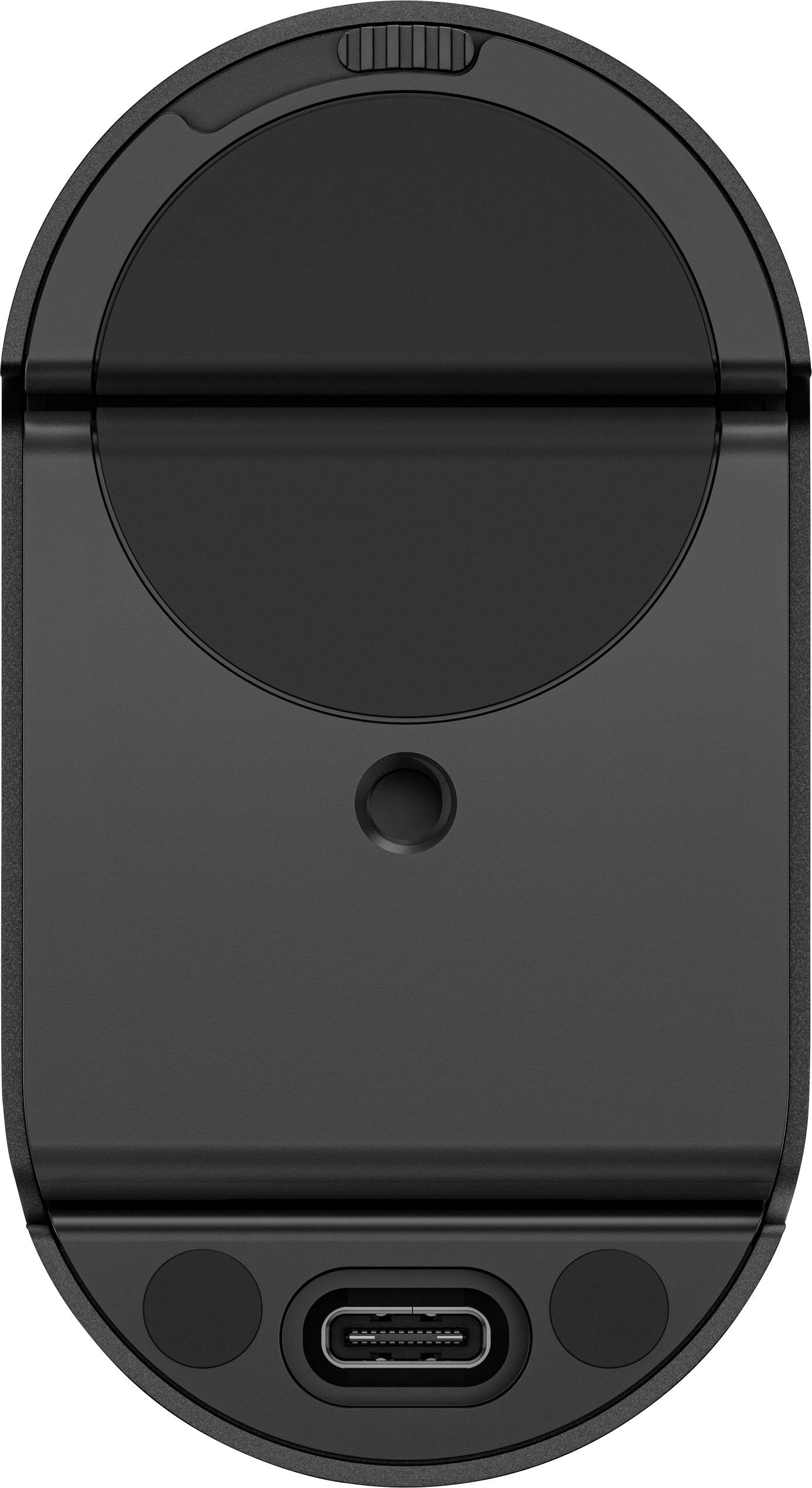 Et sort, oval elektronisk enhedscover med en USB-C-port i bunden og en central, ophøjet cirkel i midten.