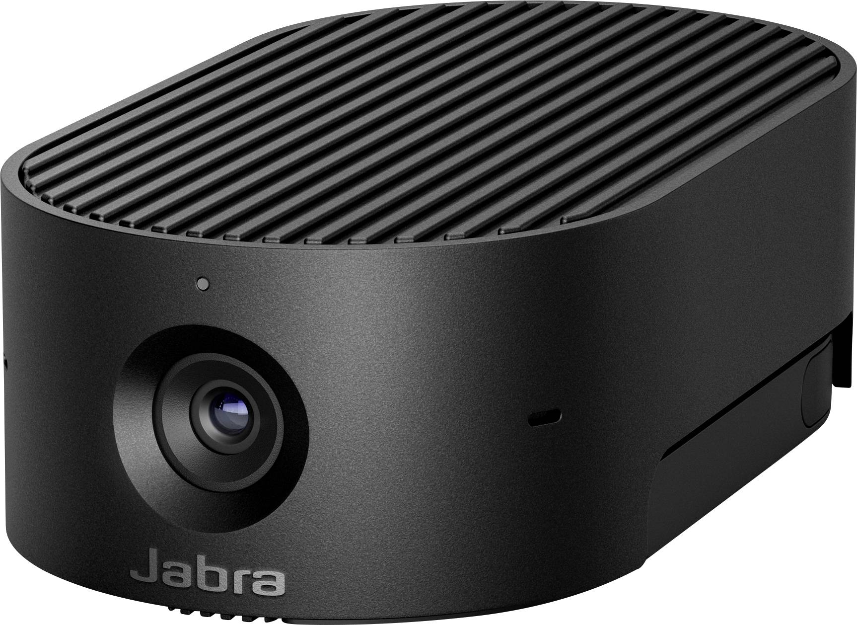 Et sort webcam med linse og mikrofon på forsiden. Enheden har en riflet overflade og er mærket med 'Jabra'.