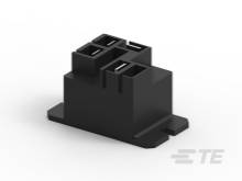 Sort, rektangulær plastikkasse med flere stikforbindelsesåbninger, sandsynligvis en elektrisk forbindelse eller adapter.
