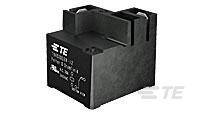 Et sort elektrisk relæ fra TE Connectivity er vist med tekniske specifikationer, herunder 120V og 16A.