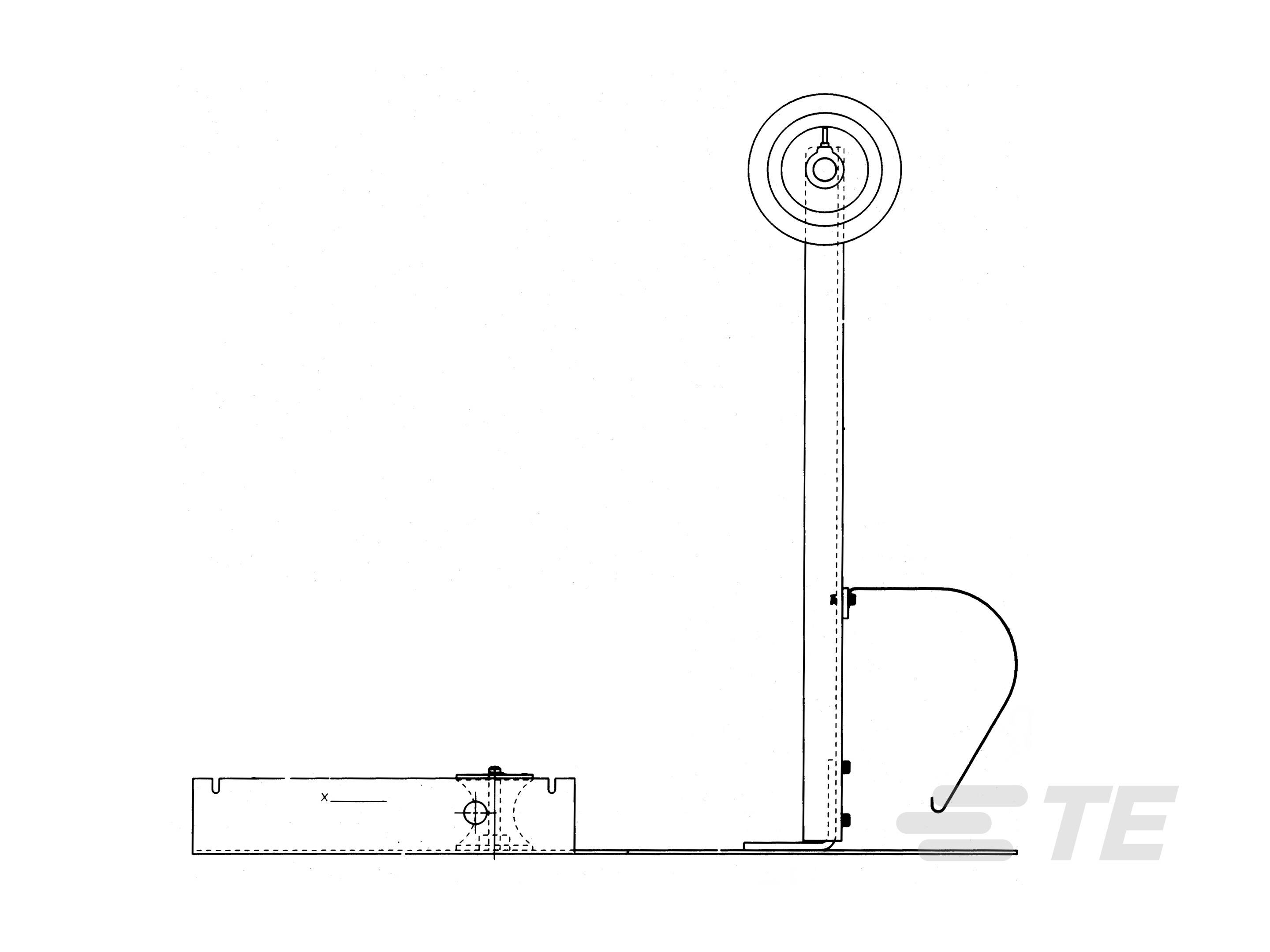 Diagrammet viser et vertikalt system med en stor rulle øverst og et forbindelseskabel. Til venstre er et rektangulært modul.