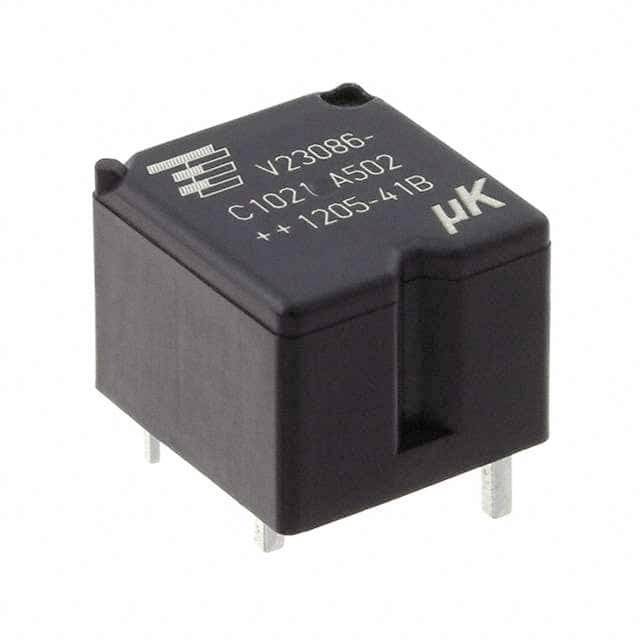 Relæmodul med sort kabinet og fire metalben. Påtrykt nummer 'V23086-C1021-A502'.