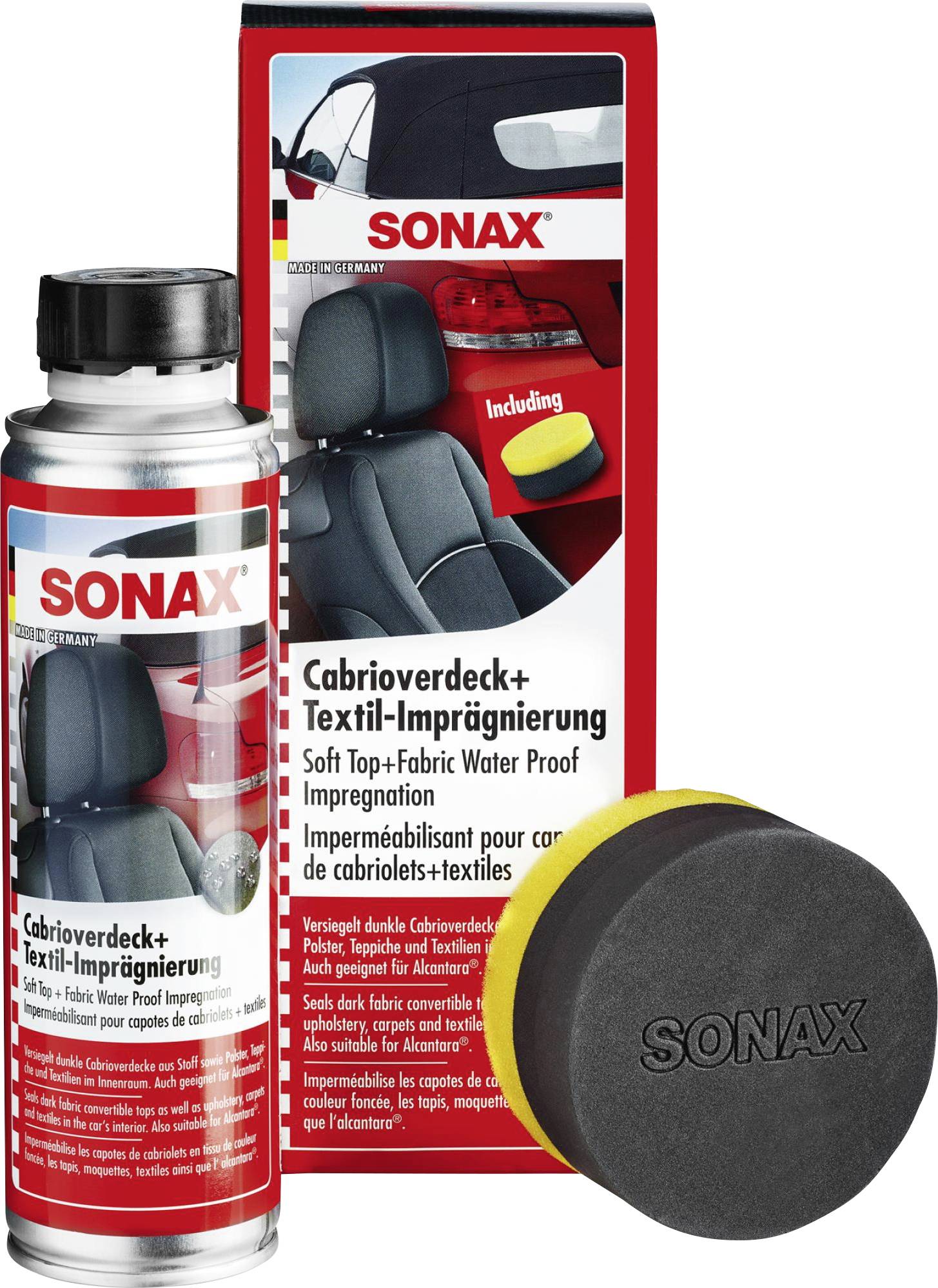 Produktfoto af en sprayflaske med 'Sonax Cabriodug+ Tekstil-imprægnering' ved siden af en emballage. Indeholder en svamp.