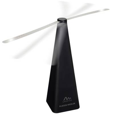 En sort kegle med roterende vinger, der simulerer en helikopterflyvningseffekt, på hvid baggrund.