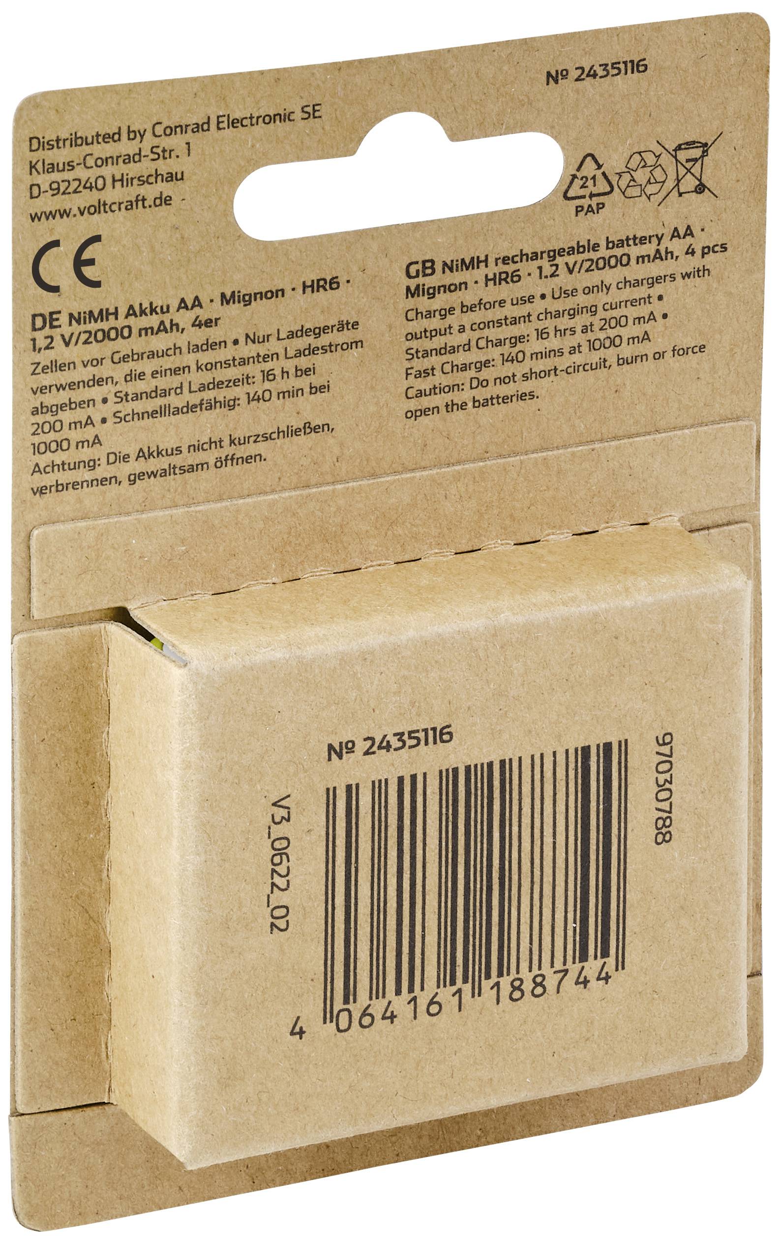 En brun emballage til genopladelige NiMH AA-batterier fra Voltcraft med stregkode og produktoplysninger på bagsiden.