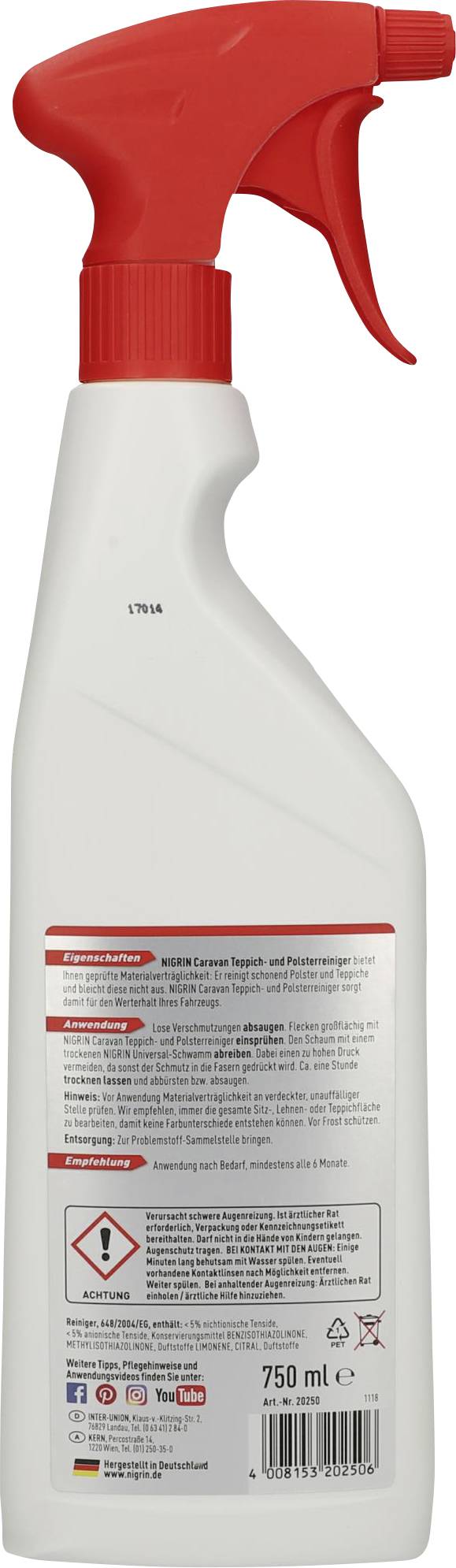 Sprayflaske med rød udløser, indeholder overfladerens. Etiket med sikkerheds- og brugsanvisninger. 750 ml indhold.
