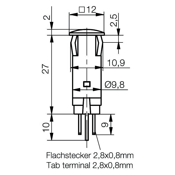 Teknisk tegning af et elektrisk stik med en fladstikforbindelse på 2,8x0,8 mm.