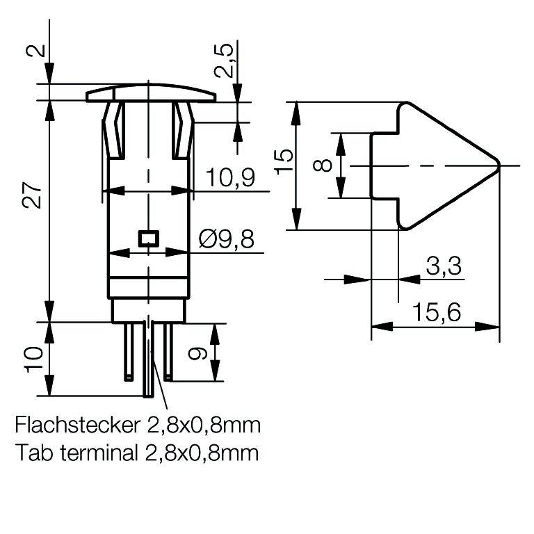 Teknisk tegning af et tab-terminal med mål. Højde 18 mm, bredde 15,6 mm, indeholder diameter- og afstandsangivelser.