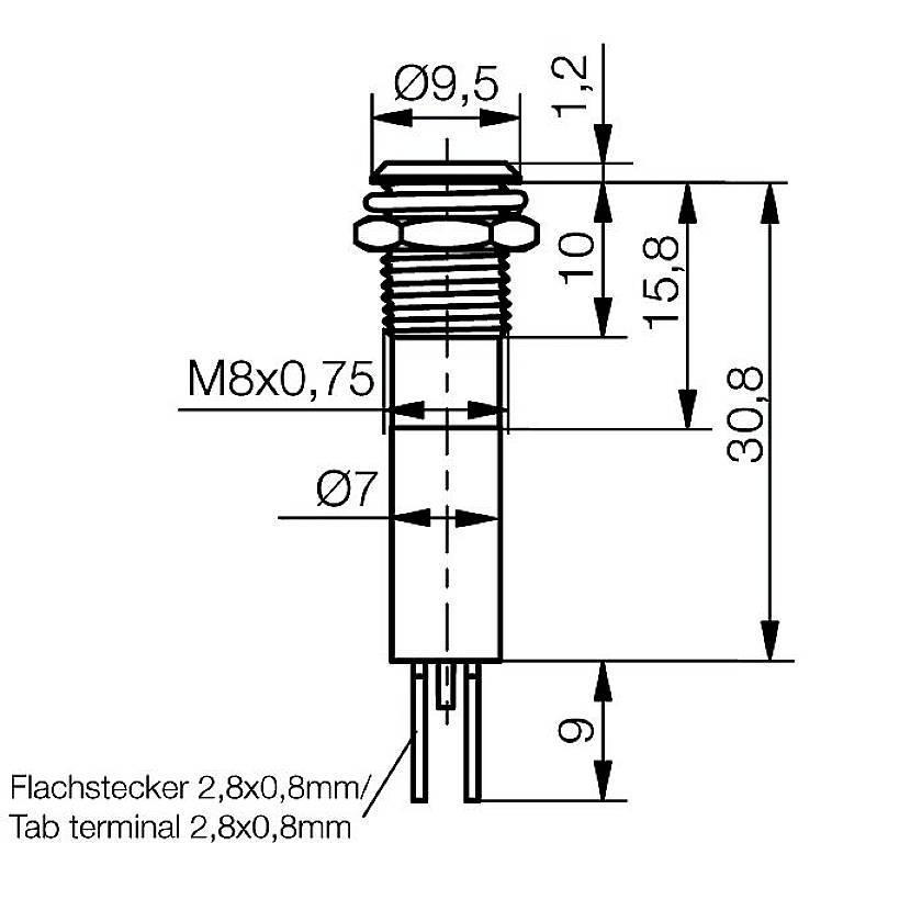 Teknisk tegning af en stikforbinder med M8x0,75 gevind, diameter: 9,5 mm, 7 mm. Samlet længde 30,8 mm. Fladstik 2,8x0,8 mm.