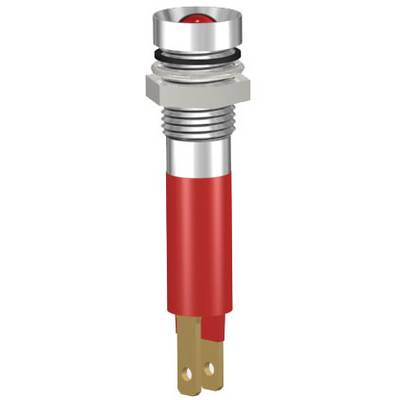 En rød og sølvfarvet metal-LED-holder med to tilslutninger i bunden.