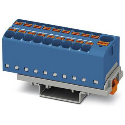 En blå elektrisk stikforbindelse med flere stik, orange låsninger og et gråt basismontage.