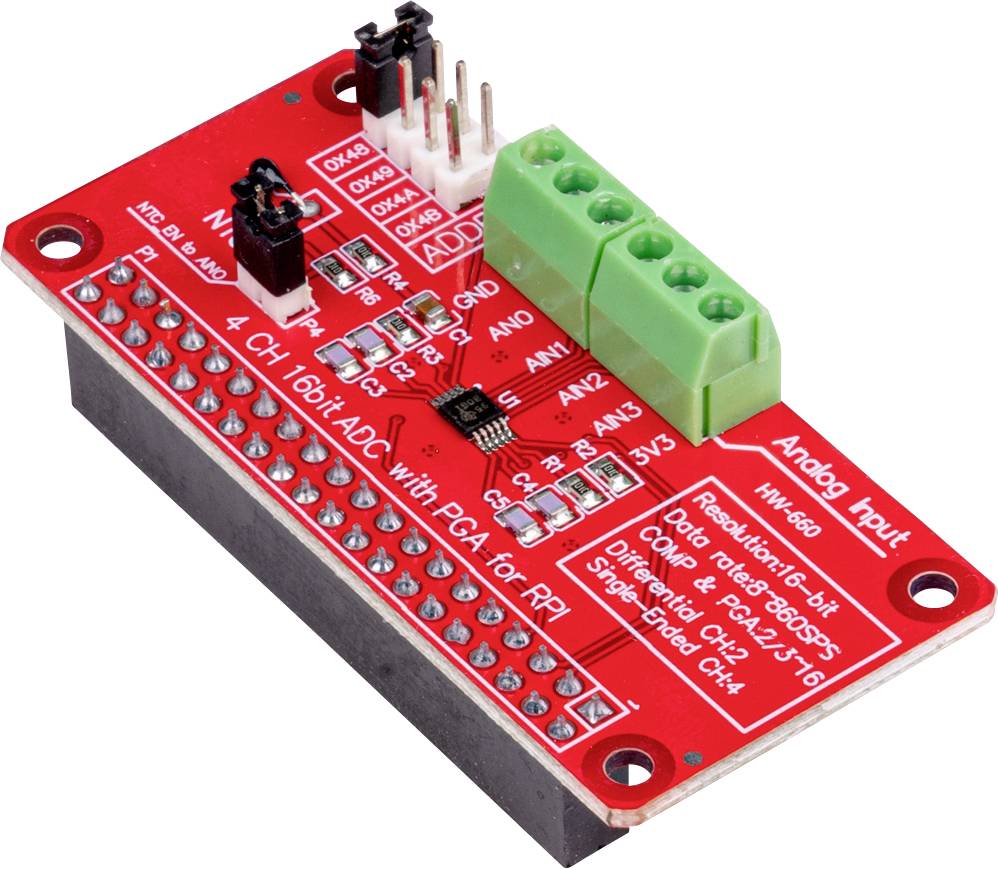 Grøn elektronisk printplade med påtrykt tekst '4 CH 16bit ADC med PGA til RPi'. Den har flere ben og grønne tilslutningsklemmer.