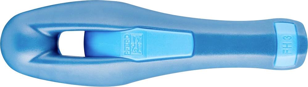 En blå, ergonomisk formet plastikgreb, som muligvis er en del af et værktøj eller en enhed.