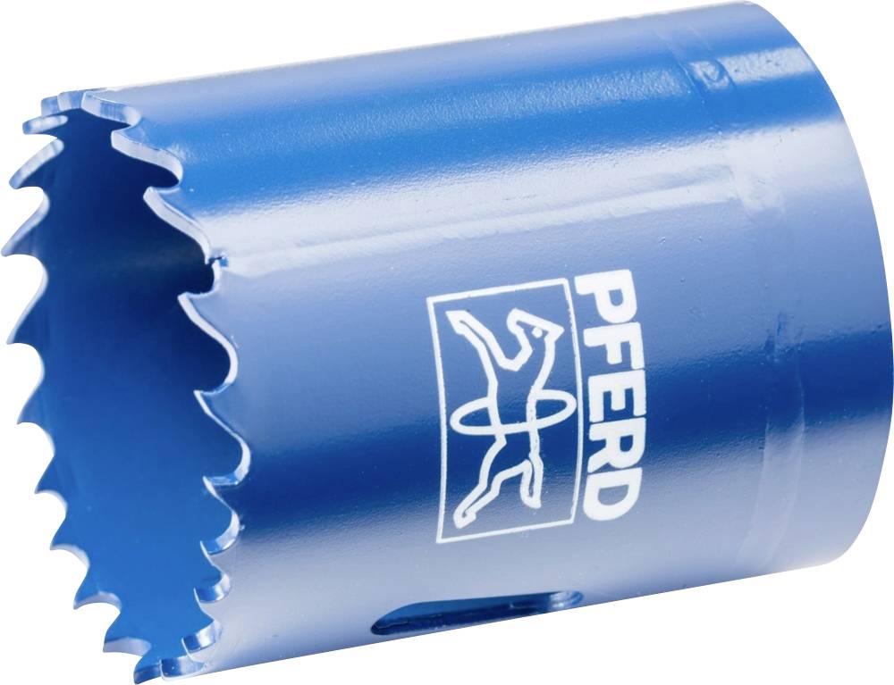Blå hulsavssæt med 'PFERD'-logo, takket ende til borearbejde.
