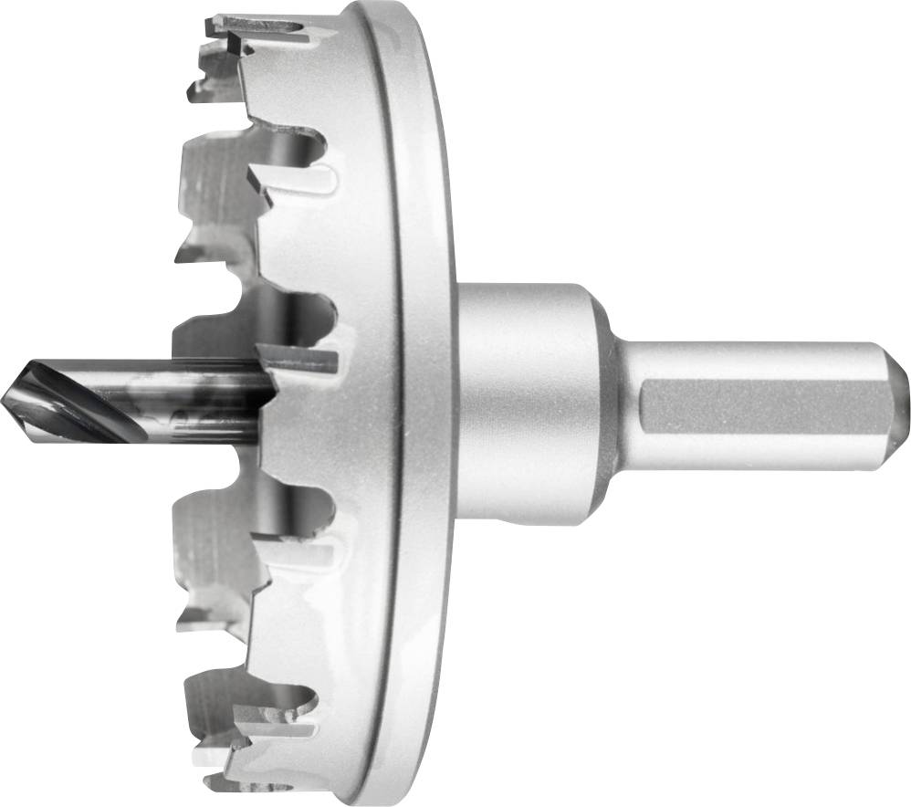 Metalhulsav med tandet kant og bor, egnet til at bore store huller i metaloverflader.
