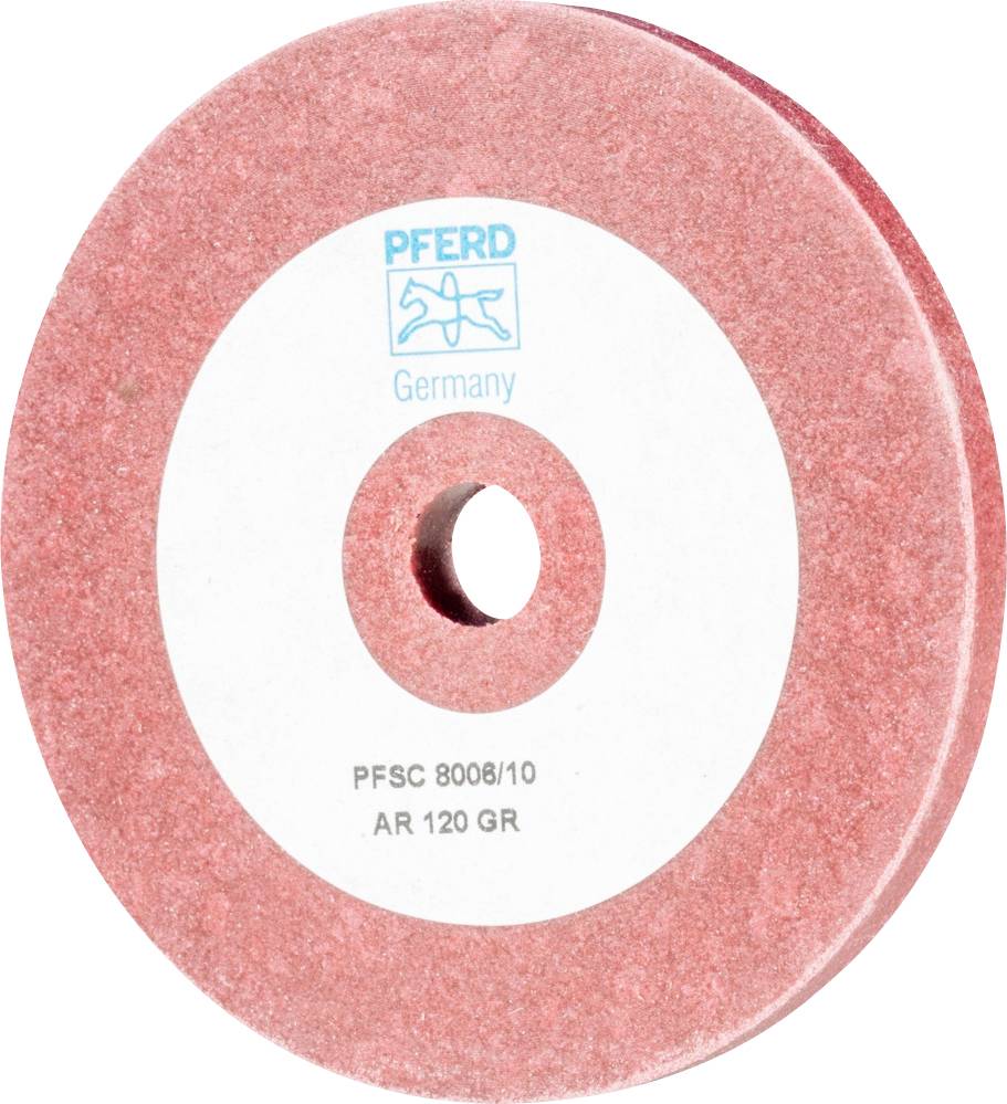 Slibesten med rød kornethed, hul i midten, påskrift: 'PFERD Germany PFSC 8008/10 AR 120 GR'.