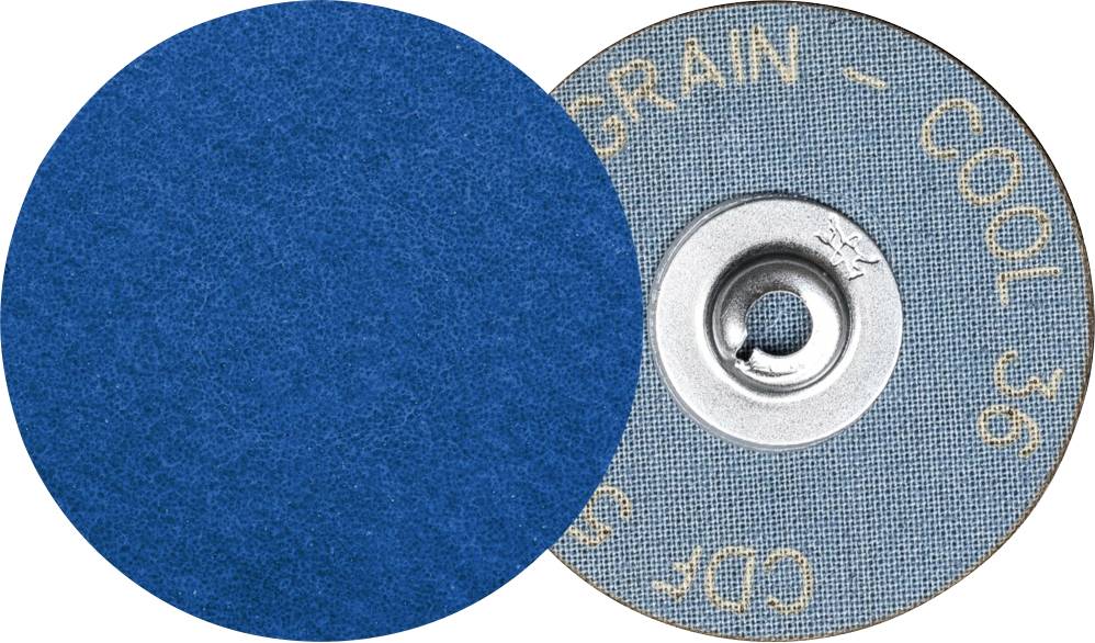 Et slibepapir med påskriften 'GRAIN - COOL 36'. Til venstre er det blå slibemateriale, til højre bagsiden med metalfastgørelse.