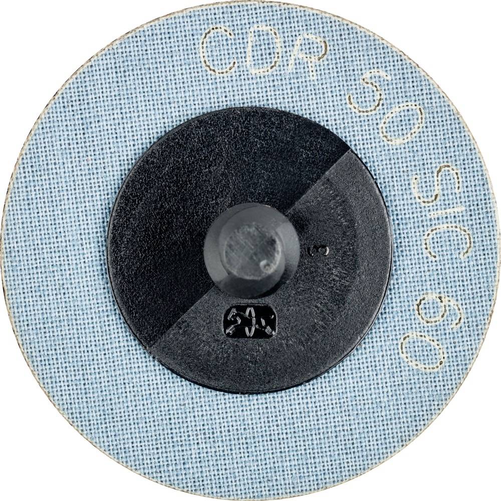 En blå slibeskive med påskriften 'CDR 50 SIC 60'. Den har et sort center med en cylindrisk fastgørelse.