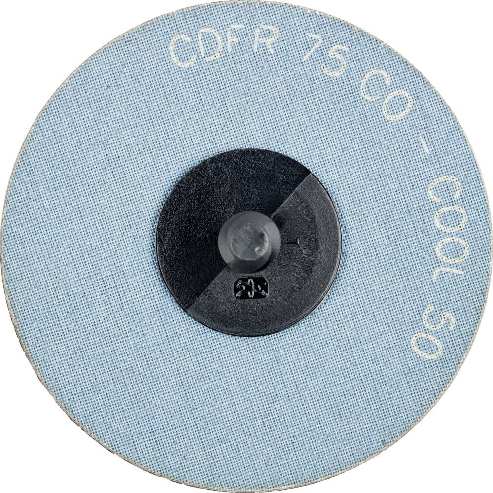 En blå slibeskive med hvid påskrift 'CDFR 75 CO - COOL 5O'. Centralt er der en sort fastgørelsesmekanisme.