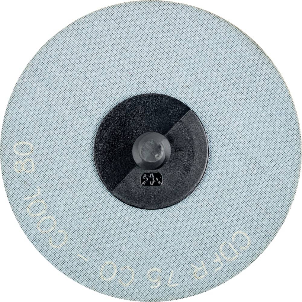 En rund slibeskive med blåt stof og sort plastcenter. Påskrift i hvidt: 'CDFP 75 CO - COOL 80'.