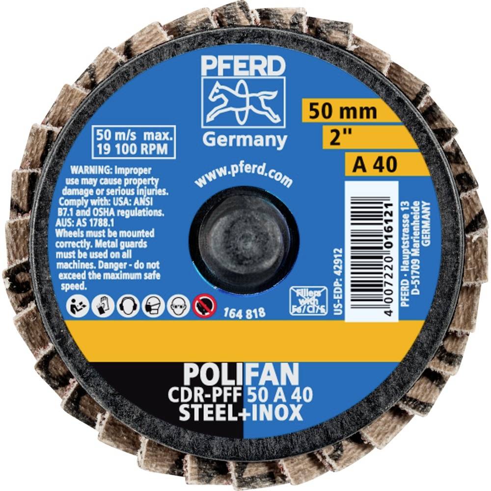 'PFERD Polifan CDR-PFF slibeskive, 50 mm diameter, A 40, til stål og rustfrit stål, maksimal omdrejningshastighed 19.100 o/min, fremstillet i Tyskland.'