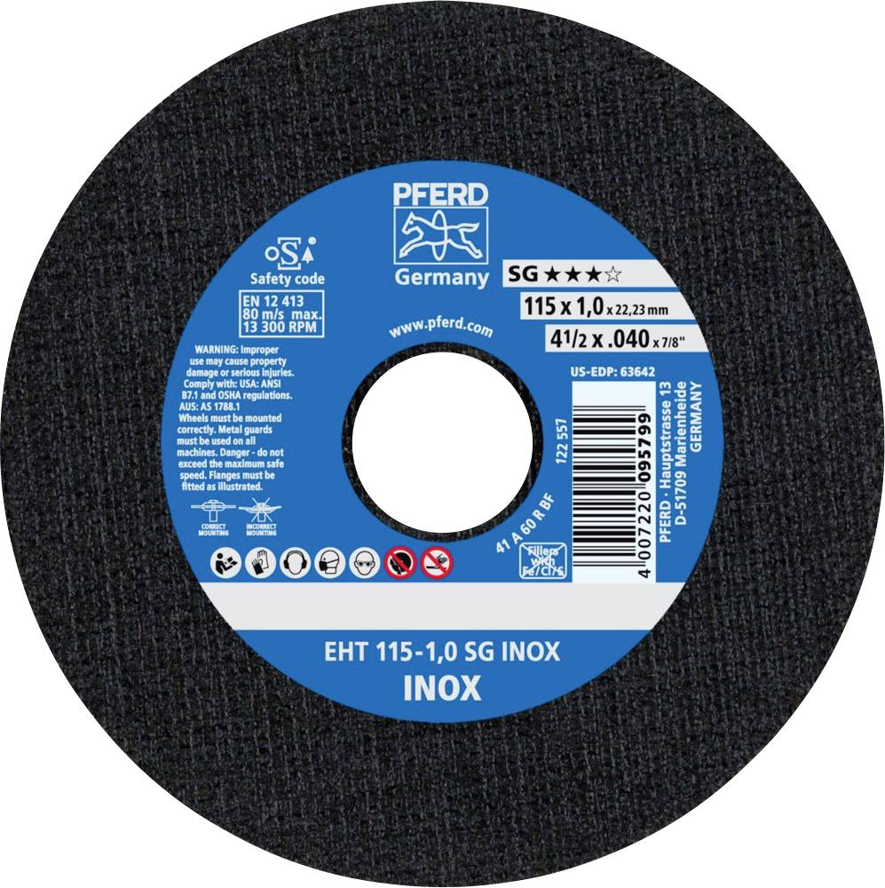 En slibeskive fra PFERD, model EHT 115-1,0 SG INOX, diameter 115 mm, tykkelse 1,0 mm, egnet til skæring af rustfrit stål.