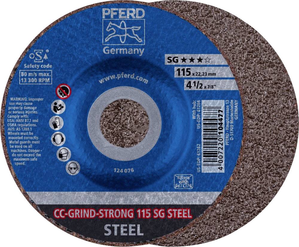 Slibeskive fra PFERD Germany, Model CC-GRIND-STRONG 115 SG STEEL. Indeholder tekniske detaljer som dimensioner, hastighed og advarsler.