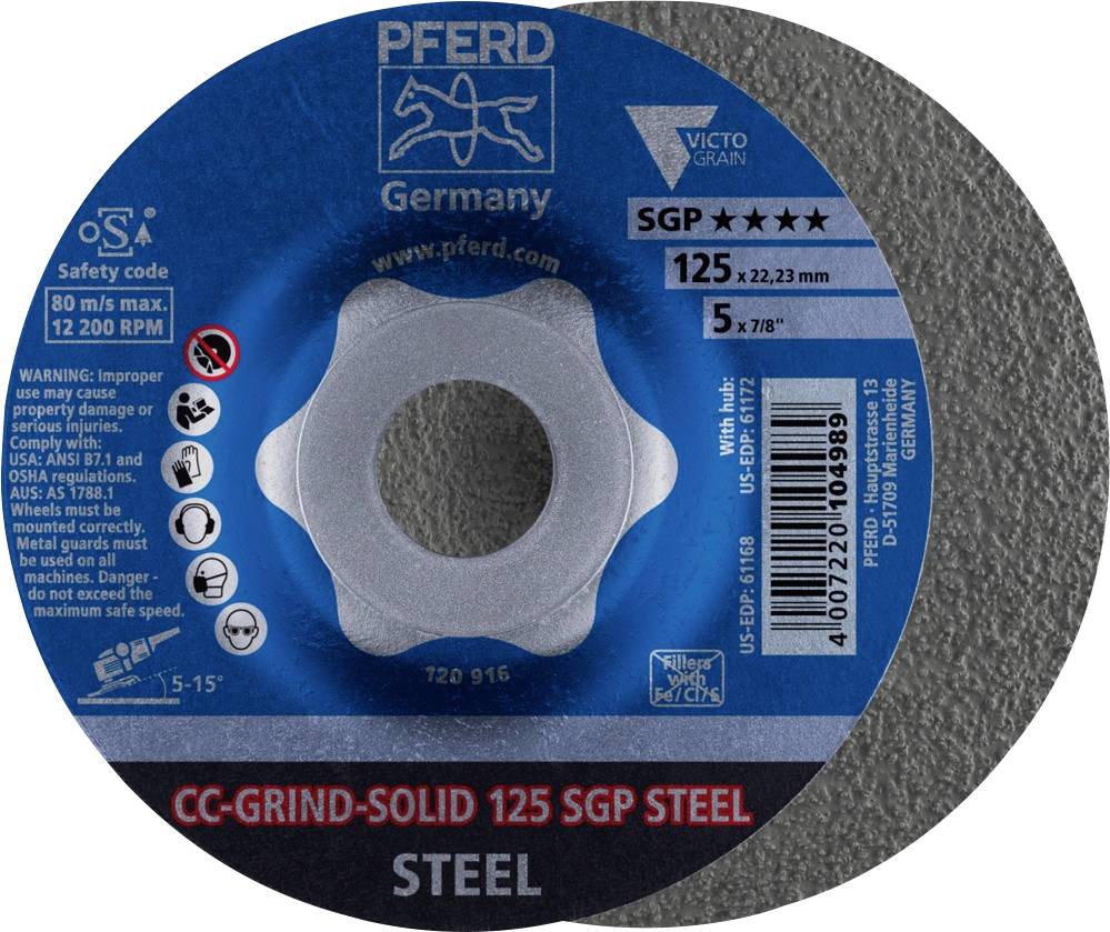 Slibeskive fra PFERD Germany, SGP, 125 mm diameter, til stål. Indeholder sikkerhedsanvisninger, maksimalt 80 m/s.