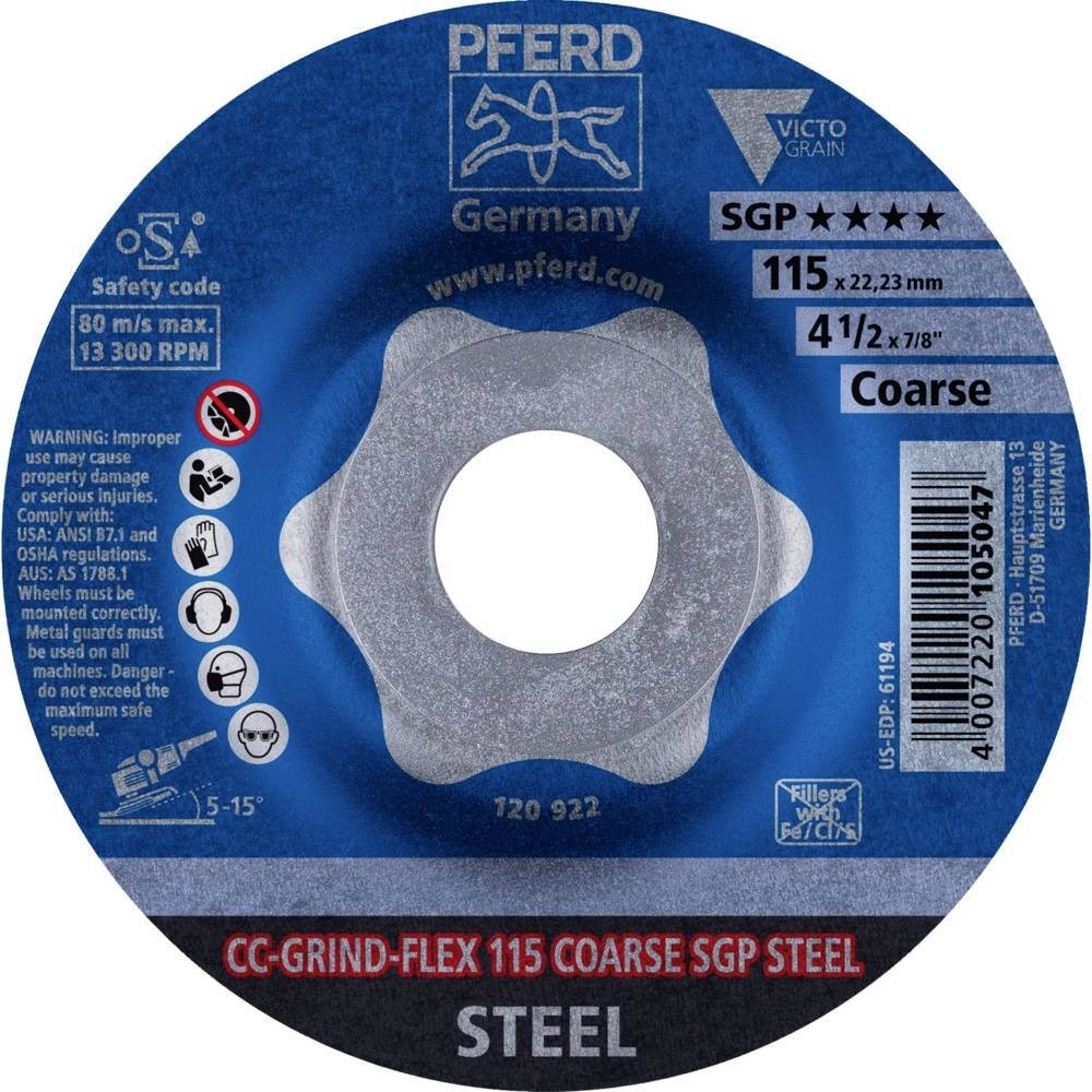 PFERD slibeskive-produktetiket, SGP-type, 115 x 22,23 mm, forsynet med sikkerhedsinformationer, producentdetaljer og brugervejledning.