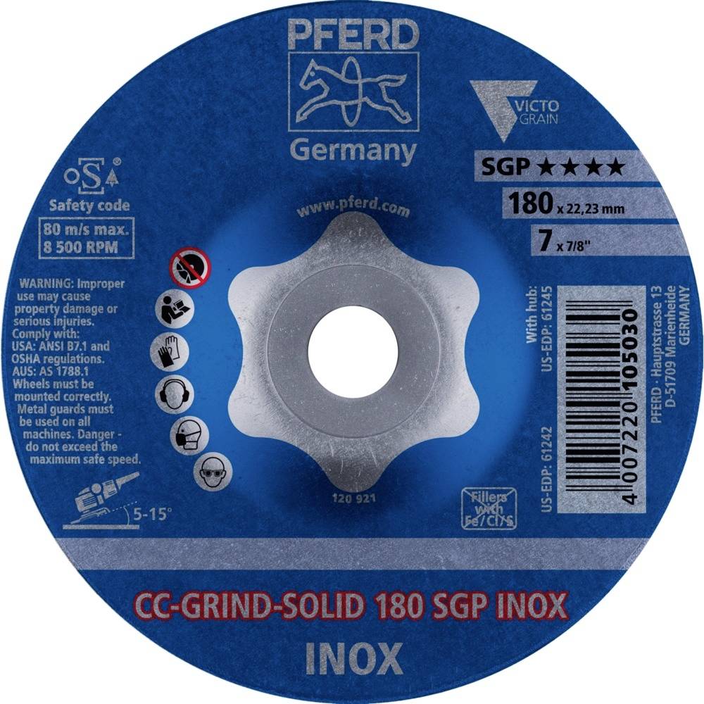Blå slibeskive med påskriften 'CC-GRIND-SOLID 180 SGP INOX', indeholder sikkerhedsinstruktioner og tekniske specifikationer.