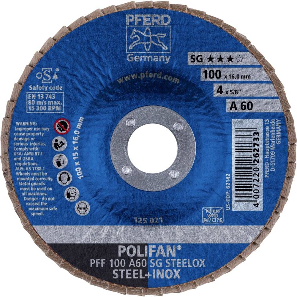 Slibeskive fra Pferd Germany, model POLIFAN PFF 100 A60 SG STEELOX, egnet til stål og rustfrit stål, Ø 100 mm, tykkelse 1,6 mm, form A60.