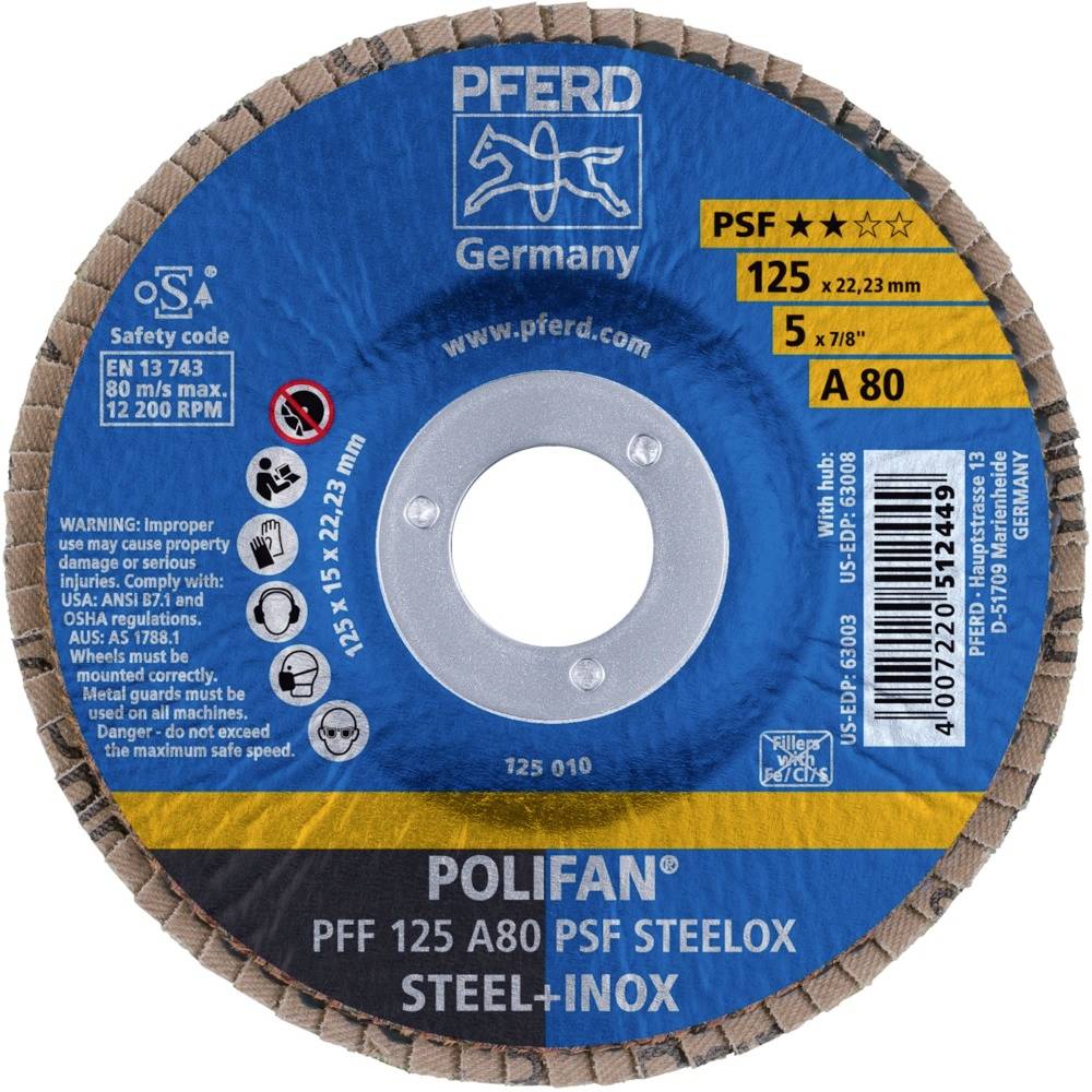 Slibeskive med blå emballage, mærke PFERD Germany. Model PSF, størrelse 125 mm, til stål og rustfrit stål. Sikkerhedsinstruktioner vist.