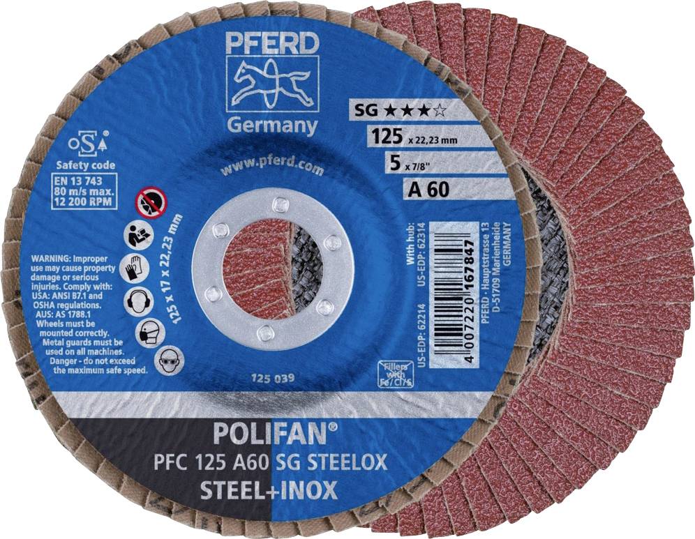 To lameller med hylster, metalgevind og rød slibebeklædning. Tekst: 'Pferd Germany, Polifan, Steel-Inox, 125x22.23 mm'.