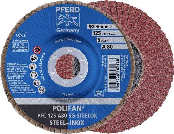 PFERD TOOLS 67708125 PFC 125 A 80 SG STEELOX Lamelslibeskive Diameter 125 mm Borings-diameter 22.23 mm Kornstørrelse 80 Rustfrit stål, Stål 10 stk