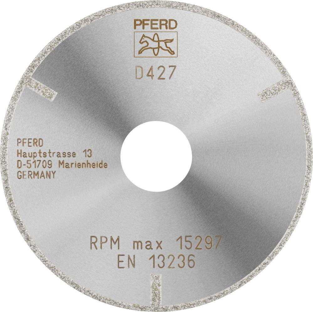Slibeskive af metal med påskrift: 'PFERD D427, Maks. omdrejninger 15297, EN 13236, Hauptstrasse 13, D-51709 Marienheide, Tyskland'.