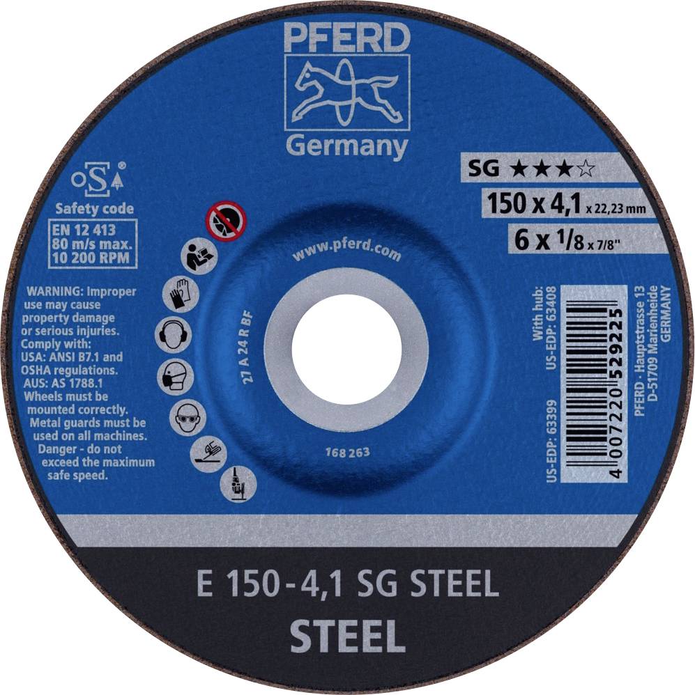 Slibeskive fra mærket 'PFERD Germany', 150x4,1 mm, egnet til stål, med sikkerhedskode og advarselshenvisninger for korrekt brug.
