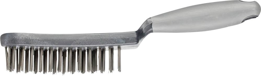 Metalbørste med grå håndtag og tætte børster set fra siden.