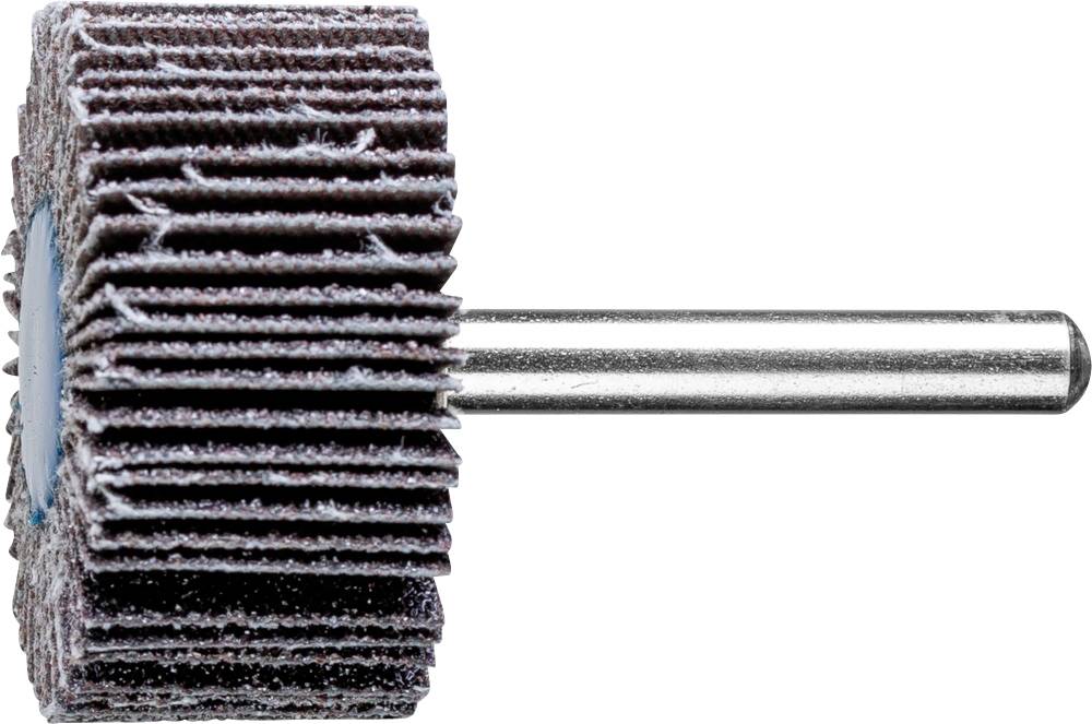 Slibetromle med metalskaft, bruges til slibning og polering af materialer, viser lag af slibepapir i cylinderform.