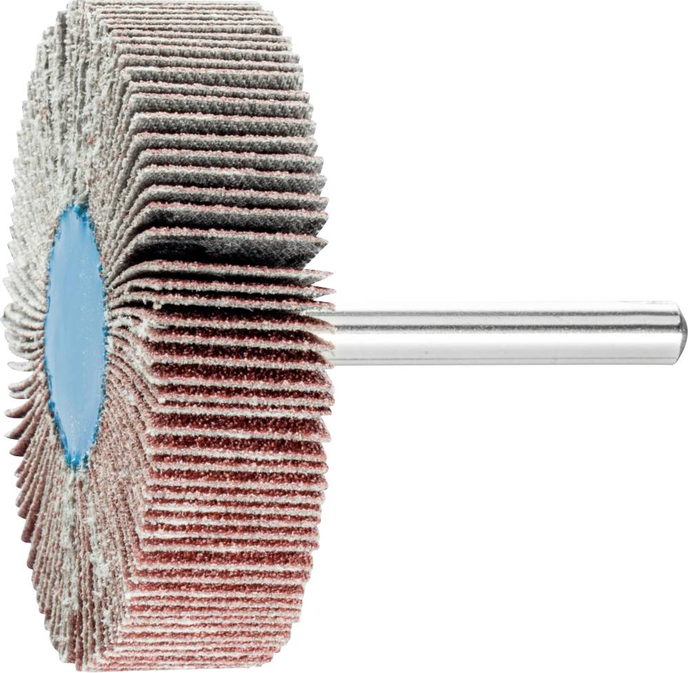 Slibningsværktøj med røde og blå lameller, fastgjort på en metalstang, til overfladebehandling af materialer.