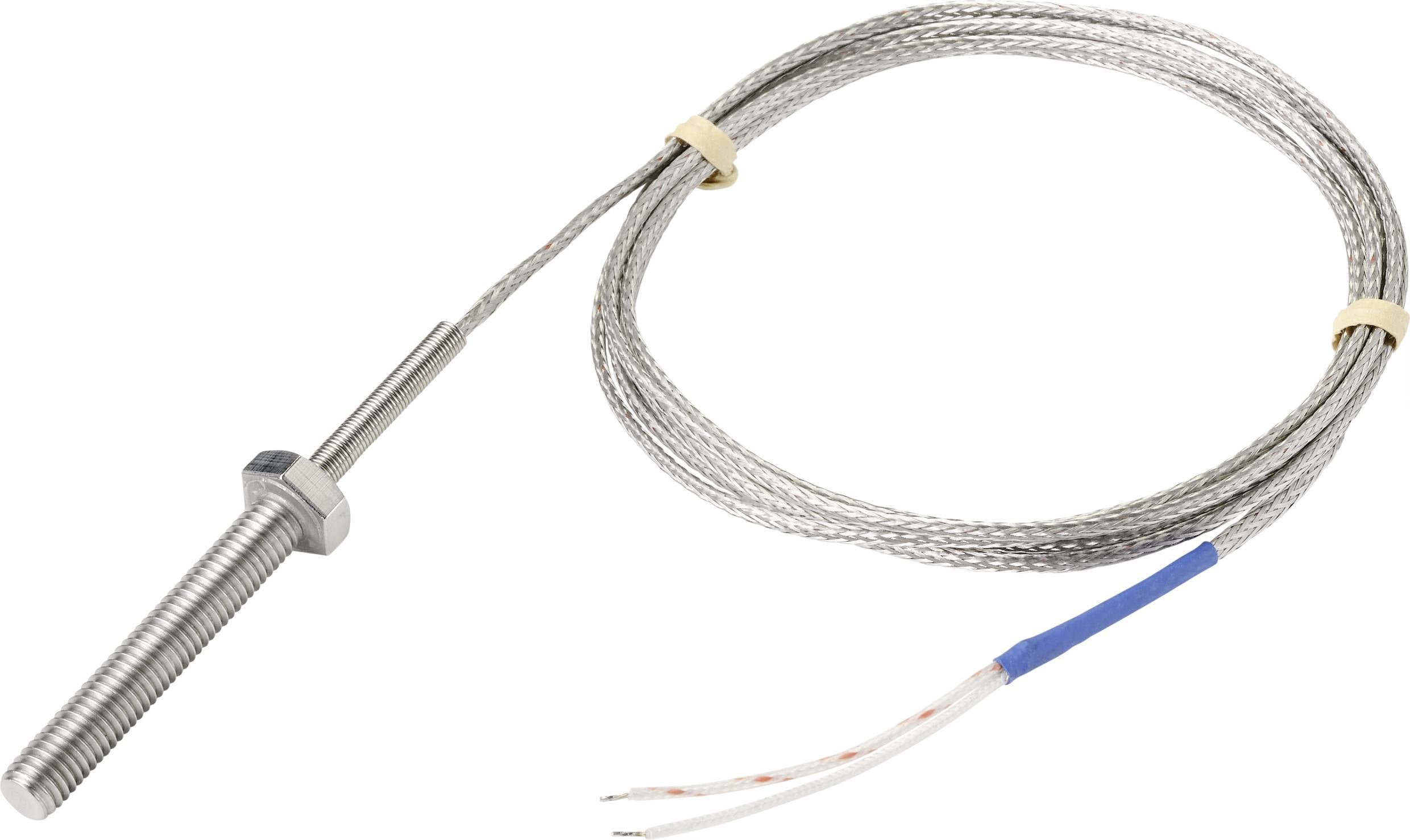 Et termoelement med metalhus og lang, flettet ledning, omviklet med isolering.