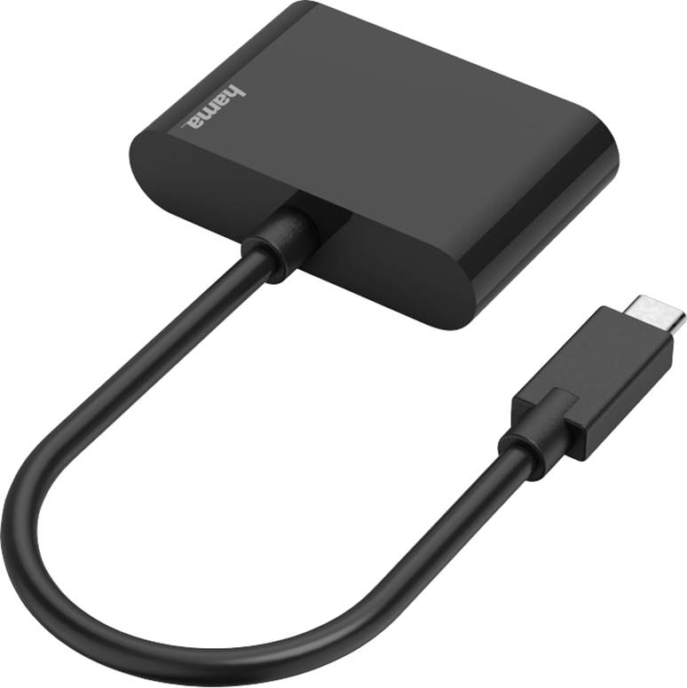 Sort USB-C-adapter med HDMI-port, kabel ca. 20 cm langt. Varemærke synligt på adapteren.