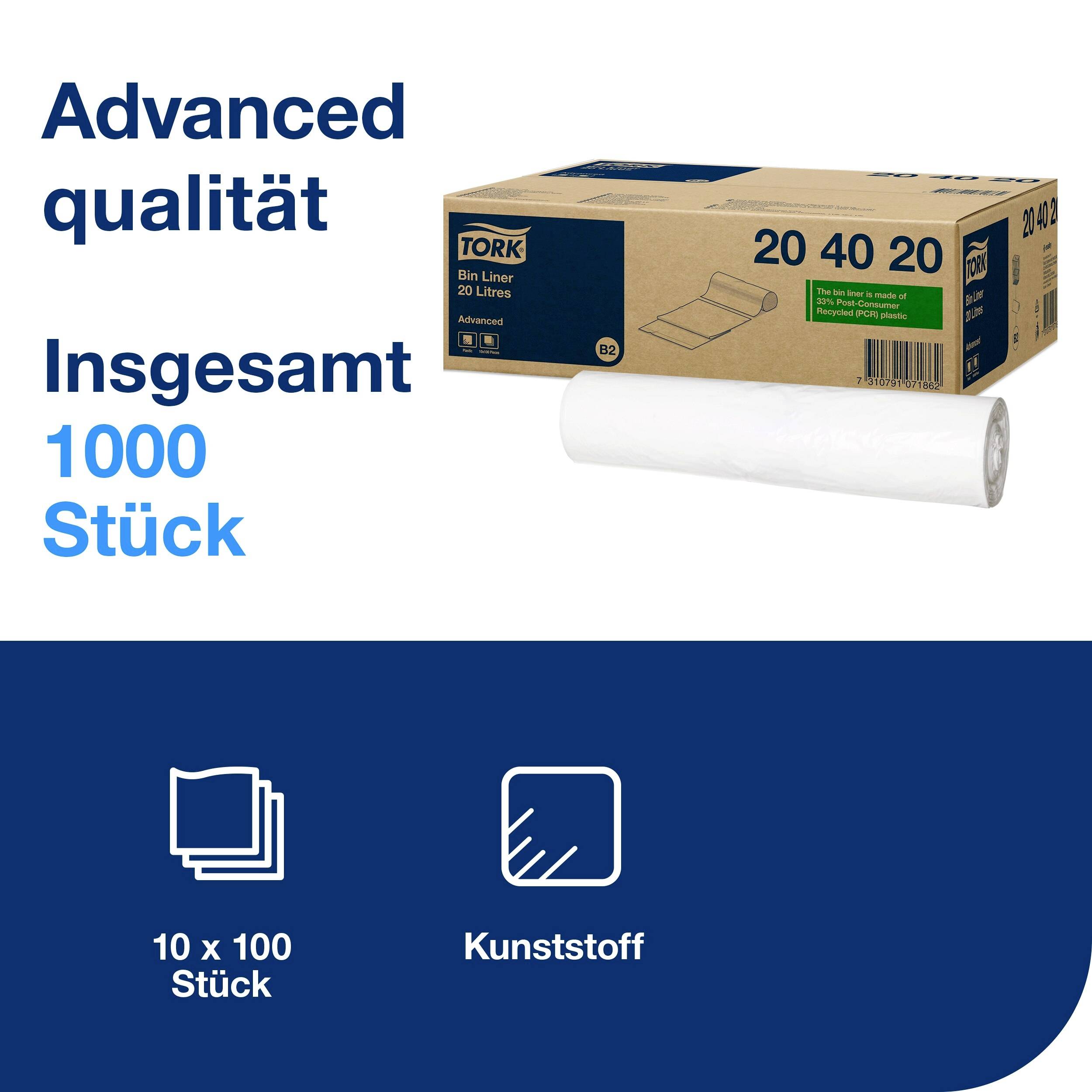 'Advanced Kvalitet' skraldposer fra Tork, 20 liter, 1000 stk., materiale plast, i 10 ruller à 100 stk.