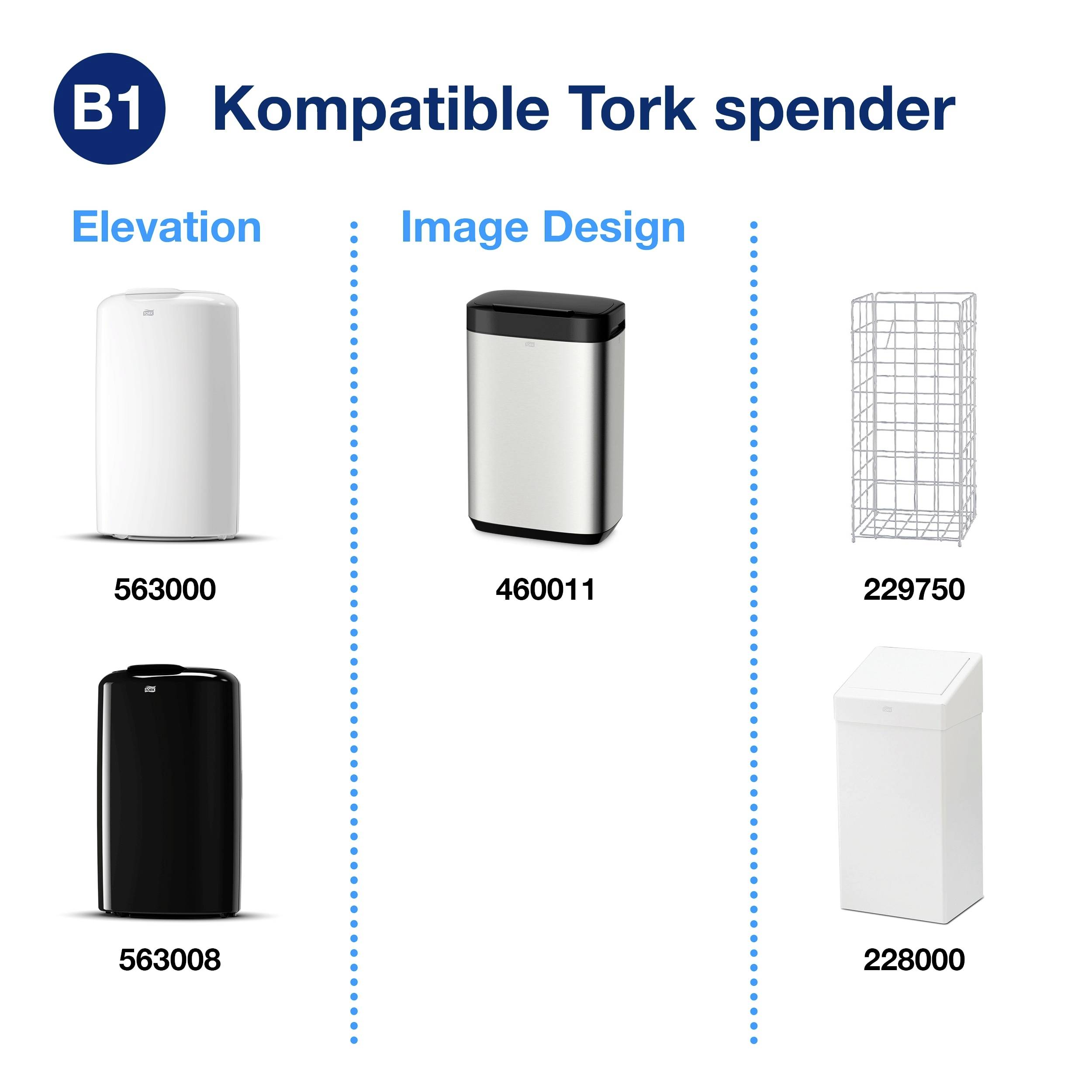 'Oversigt over kompatible Tork-dispensere: Elevation modeller 563000, 563008; Image Design model 460011; Trådkurv 229750; Metalbeholder 228000.'