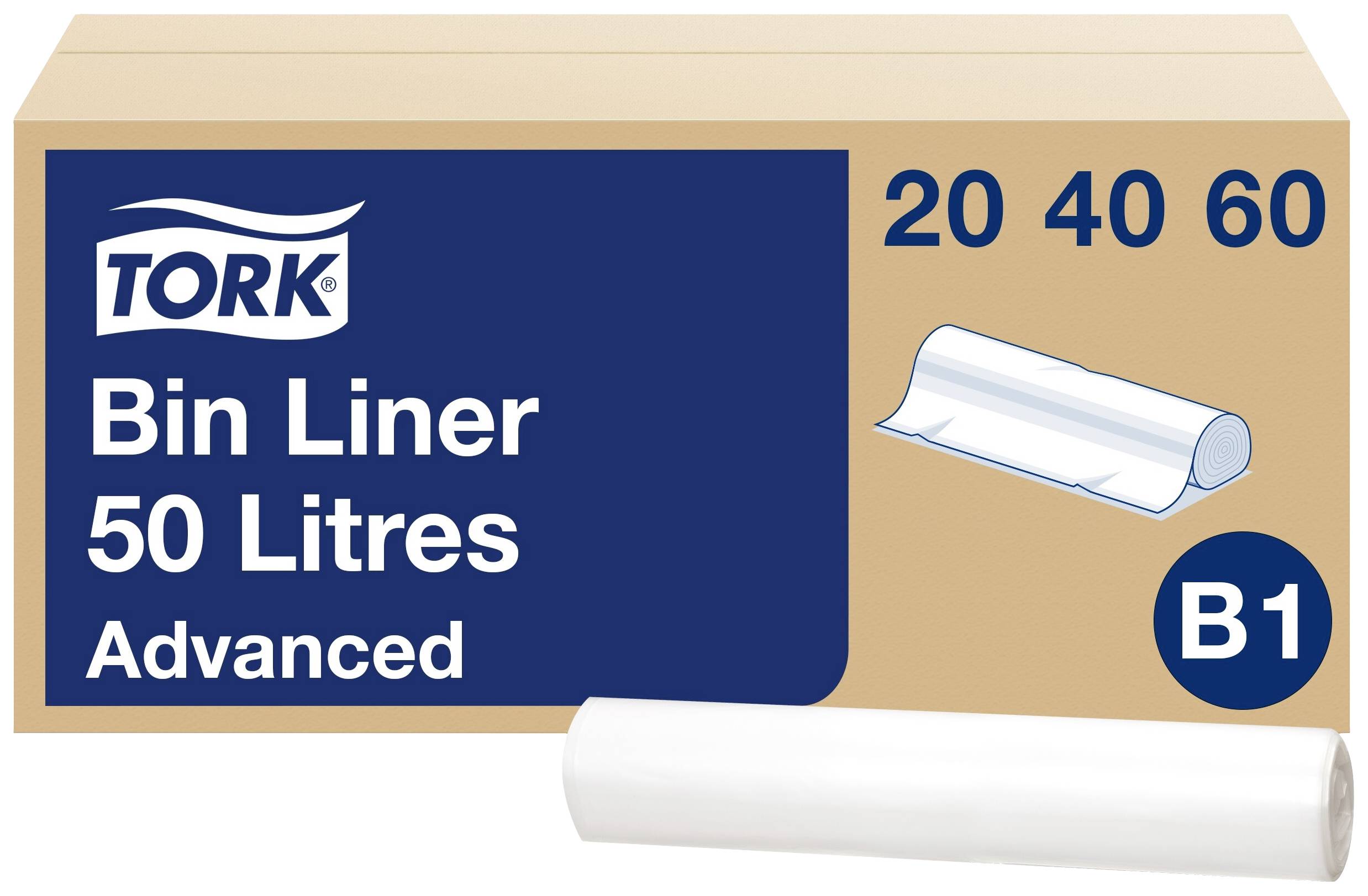 En emballage med Tork-affaldssække med påskriften 'Bin Liner 50 Litres Advanced', størrelser 20, 40, 60. En pose er vist.